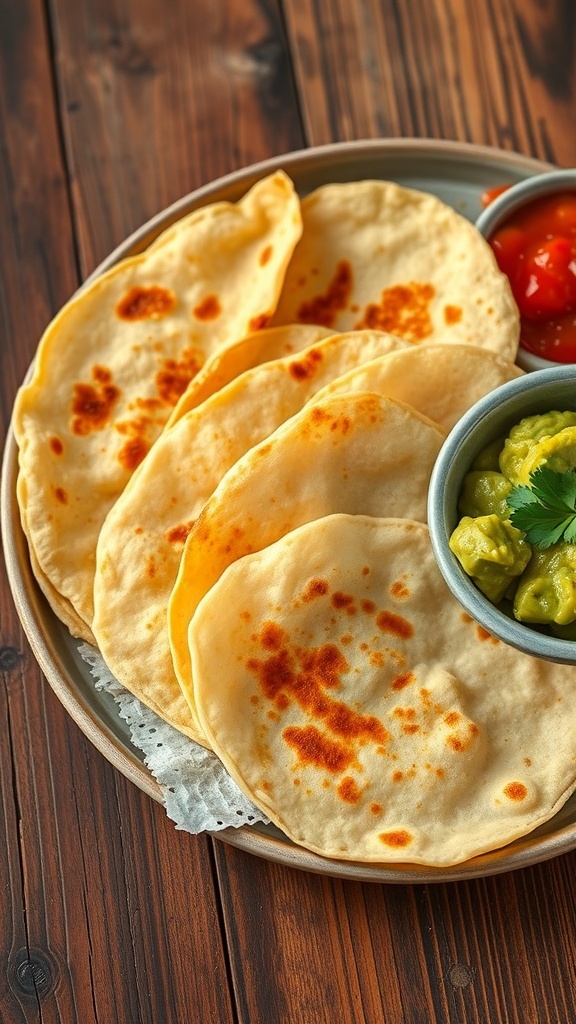 Crispy air fryer tortillas served with salsa and guacamole on a rustic table.